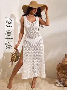 SHEIN Cottnline Women Sweater Dress Hollow Out Cover Up - Beige - View 1