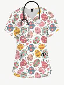 PopScrub 花卉植物印花卡通复活节彩蛋图案护士服上衣，V领短袖手术服衬衫，女士护士制服，适合复活节及日常穿着 - 彩色 - 查看 1