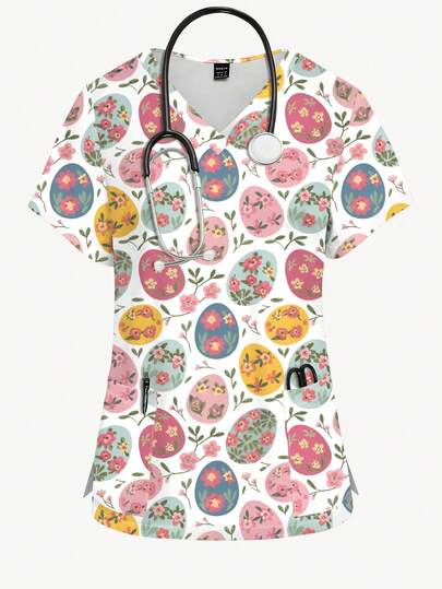PopScrub Floral & Plant Design Printed Cartoon Easter Egg Pattern Nurse Uniform Top, V-Neck Short Sleeve Scrub Shirt, Nursing Uniform For Women, Suitable For Easter, Daily Wear