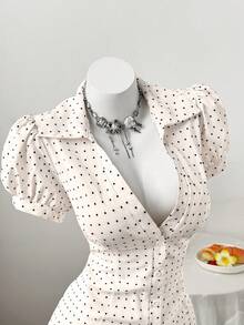 Sweetra 加大码女式杏色复古浪漫休闲学院风波点多功能开襟衬衫，时尚灯笼袖外套，常规款衬衫，适合日常外出和返校季，夏季适合返校季日常外出，适合日常穿着、办公室、度假、生日派对、音乐节、情人节、春夏女装+科切拉音乐节/派对，是度假的理想之选 - 彩色 - 查看 4