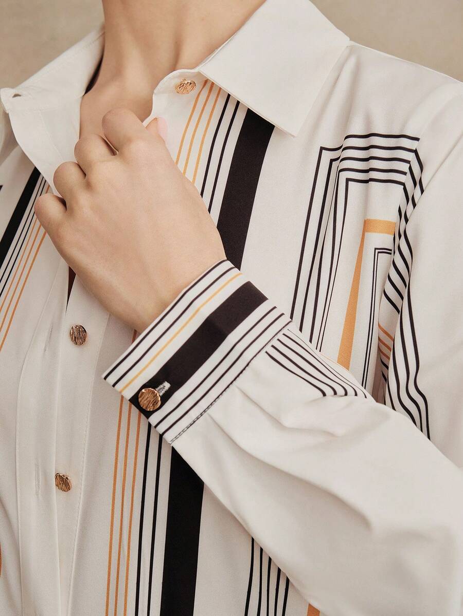 Anewsta 新款时尚休闲通勤百搭条纹拼接印花女式优雅衬衫 - 白色 - 查看 1