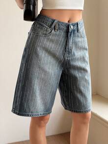 Livesso Women's Shiny Rhinestone Vintage Washed Loose Casual Street Music Festival Textured Striped Denim Shorts, Suitable For Summer And Spring Jorts - Medium Wash - View 7