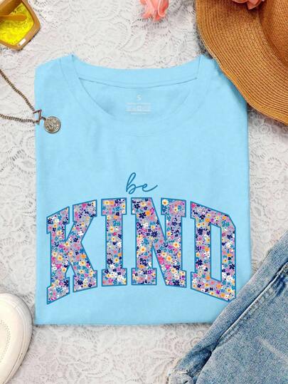 EMERY ROSE Camiseta de mujer de verano con estampado floral y texto "be Kind", de manga corta, cuello redondo y casual