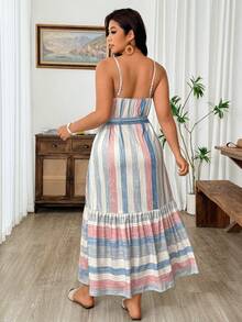 Weeklong Plus Size Women Casual Striped Spaghetti Strap Elastic Comfortable Dress - Multicolor - View 2