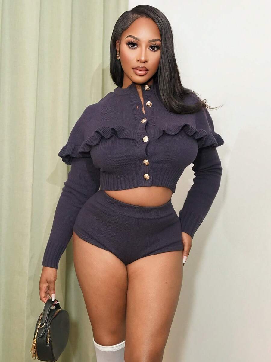 Chea Andrea 2 piezas Conjunto de ropa elegante para mujer Anewsta: Cárdigan con cuello de volantes y suéter de punto de invierno para mujer - Azul - Ver 1