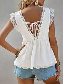 EMERY ROSE Women's V-Neck Lace Ruffle Hem Fashionable Blouse - White - View 2