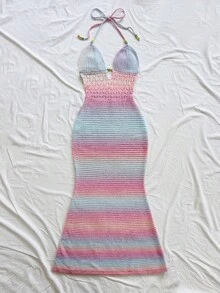 Soleia Women's Vacation Casual Backless Halter Knit Dress Crochet Maxi Dress Summer Maxi Dress Beach Maxi Dress Crochet Dress Vacation Dress In Fall/Winter - Multicolor - View 6