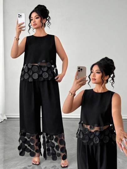 SHEIN Elenzya Plus Size Women's Solid Color Sleeveless Mandarin Collar Regular Shirt With Mesh Floral Inset, Elegant Design Shirt Top + Loose Casual Mesh Hem Pants, 2 Piece Set