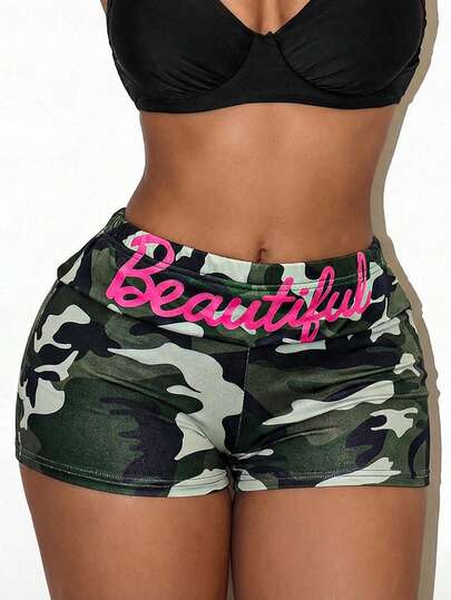 BamGleam Women's Camouflage Letter Print Casual Versatile Daily Wear Shorts