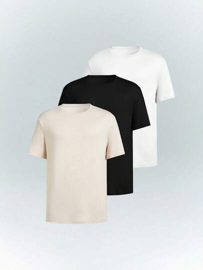 Driftmere 3 件装男士纯色圆领短袖休闲 T 恤，夏季