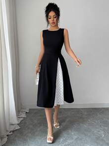 Elenzga 女士优雅通勤简约黑色圆领无袖A字蕾丝拼接修身长裙，春夏款 - 黑色 - 查看 3