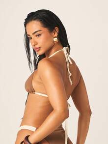 MISSGUIDED Bộ bikini tam giác buộc dây cổ cho nữ, đồ bơi mùa hè hai mảnh, đồ bơi có chi tiết buộc dây, màu nâu. - màu nâu - Xem 2