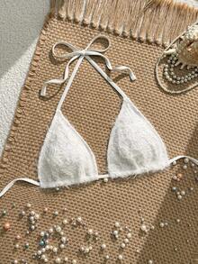 Swim Mod 春假新款夏季性感黑色蕾丝沙滩度假女士泳衣比基尼上装 - 白色 - 查看 3