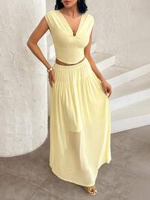 Modelyn Elegant Millet Yellow New Slim-Fit Crop Top With Elastic Waist Ruched Skirt, Spring/Summer - Yellow - View 5