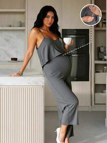 SHEIN Bộ áo liền quần cho con bú màu trơn, dây mảnh, dáng rộng, thoải mái. - Xám - Xem 12