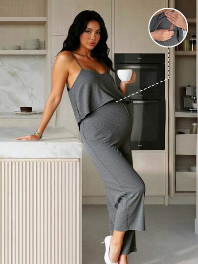 SHEIN Nursing Solid Color Spaghetti Strap Loose Casual Comfortable Jumpsuit,Summer Dress,Summer Outfits