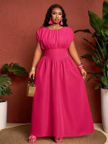 SHEIN CURVE+ Curve 尺码 US22 音乐节、海滨度假、波西米亚风女装 202 春夏新款优雅通勤/海滩度假/约会/派对/音乐节组合连衣裙，清新洋红色，圆领无袖，腰部拼接利落A字摆褶裥长裙 - 玫紅色 - 查看 7