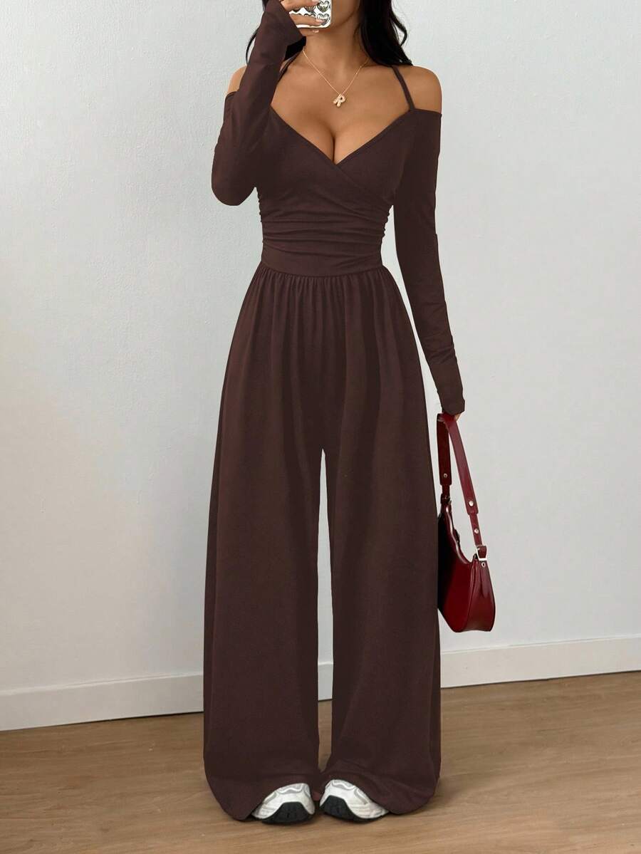 Flirla Women's Solid Color Off-Shoulder Long Sleeve Ruched Wide Leg Jumpsuit With Neck Tie - Coffee Brown - View 1