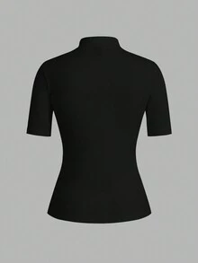 SHEIN EZwear 2件套女士高领修身长袖打底T恤套装，黑色 - 黑色 - 查看 4