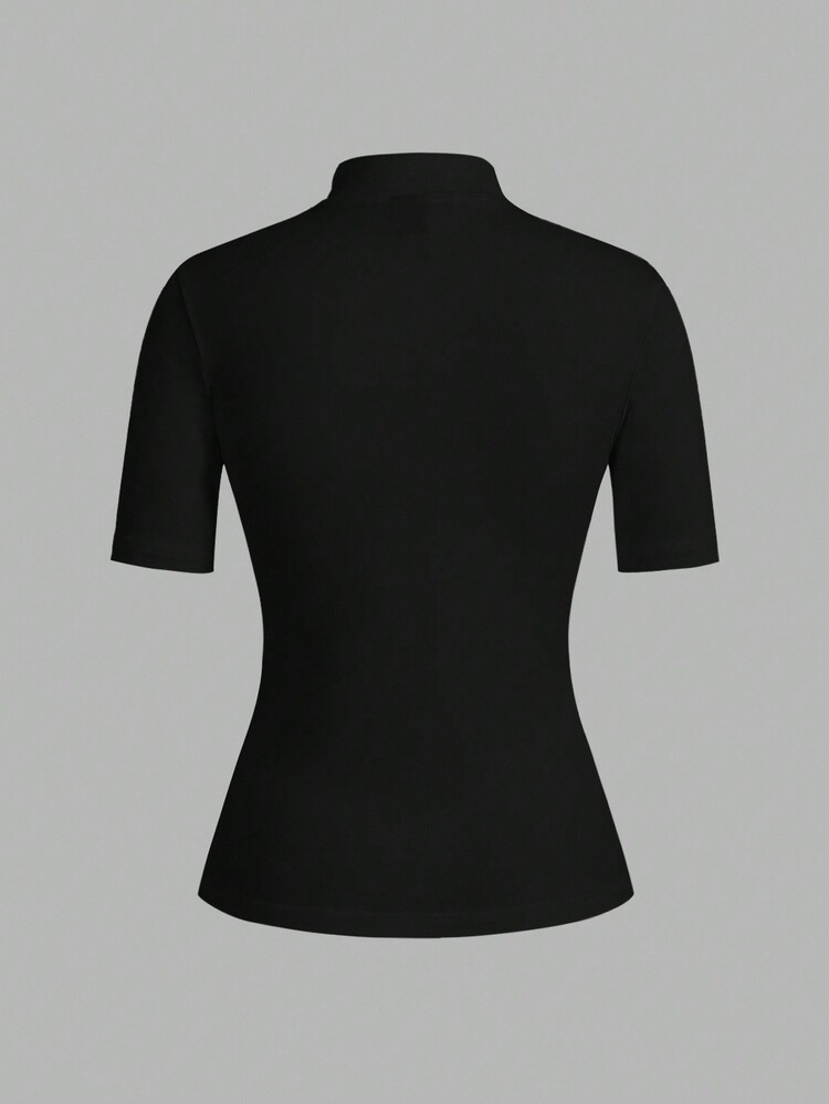 SHEIN EZwear 2件套女士高领修身长袖打底T恤套装，黑色 - 黑色 - 查看 4