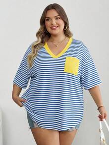 SHEIN CURVE+ 大码曲线/校园服/返校服/返校季大号条纹休闲简约大码T恤，适合夏季穿着，带口袋 - 淺藍色 - 查看 5