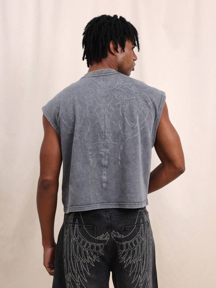 SUMWON Crop Fit Washed Tank Top With Full Back Graphic Design Sleeveless Men Summer Casual Streetwear Fashion Vintage Style Crew Neck Cotton Tee