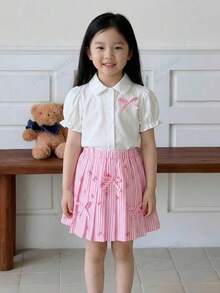 女童两件套：泡泡袖上衣 + 粉白条纹蝴蝶结百褶裙，休闲运动风夏季套装 - 粉色 - 查看 3