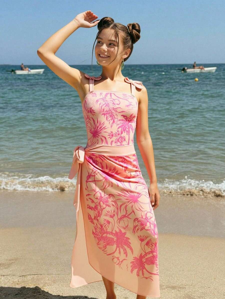 Bộ đồ bơi liền thân cho nữ trẻ, bộ đồ bơi hai mảnh cho thiếu nữ với nơ thắt cổ và váy sarong, họa tiết in kỹ thuật số cây dừa, đồ bơi dự tiệc bãi biển và kỳ nghỉ. - trái cam - Xem 1