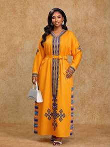 女士优雅派对圣诞新年派对收腰长裙图案印花条纹元素优雅连衣裙 - 黃色 - 查看 7