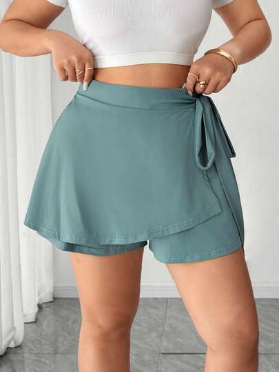 Elenzga Plus Size Women Minimalist Fashion Knit Ice Silk Fabric Tie-Up Mint Green Shorts