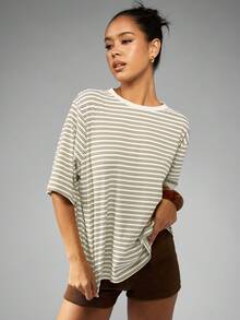 MISSGUIDED Striped Oversized Casual T-Shirt For Women Relaxed Fit Short Sleeve Summer Top Ribbed Round Neck Lightweight Everyday Tee - Multicolor - View 5
