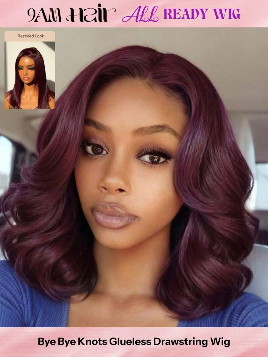 ALL READY WIG Tóc giả 100% tóc thật màu Đen Cherry, kiểu Bye Bye Knots, ren 7x5, không cần keo dán, kiểu tóc bob, dây rút, sóng nhẹ, màu sắc đậm đà và rực rỡ, cắt tỉa nhiều lớp, các nút thắt đã được tẩy trắng, mũ thoáng khí, ren trong suốt, thân thiện với người mới bắt đầu.