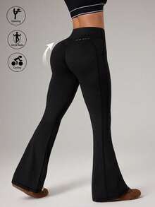 Seamluxe SHEIN Sport 女士休闲百搭纯色喇叭运动裤 - 黑色 - 查看 5