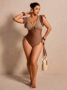 Elaquor Plus Size Women's Sequin Patchwork Front Tie Ruffle Sleeve One-Piece Swimsuit Summer Beach Vacation - Coffee Brown - View 9