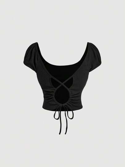 SHEIN MOD Áo thun nữ màu trơn, kiểu dáng ôm vừa vặn, có phần lưng xoắn và nhún bèo.