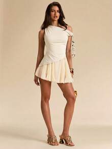 SHEIN BAE Áo kiểu ôm sát màu nâu, vạt áo bất đối xứng, đính cườm và tua rua, thích hợp cho kỳ nghỉ. - Màu be - Xem 5