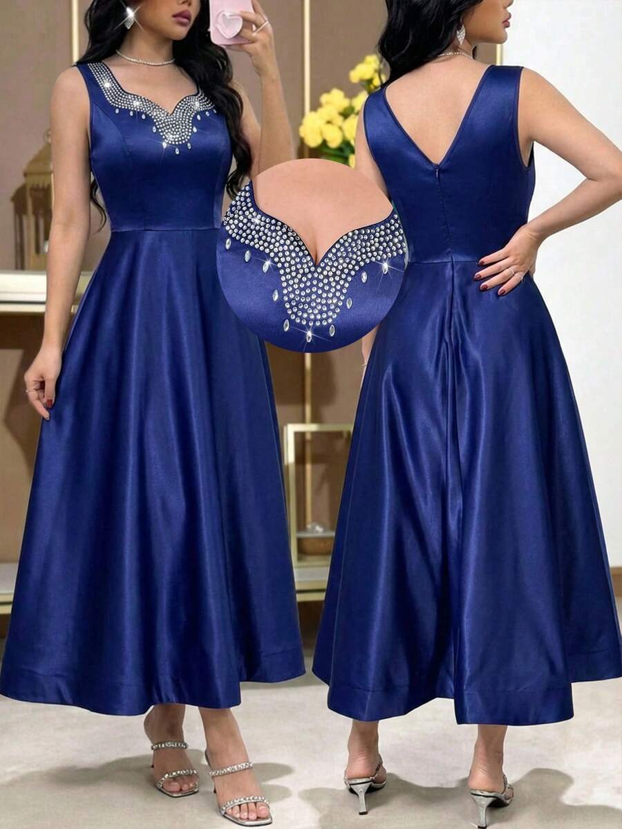 Feyla Vestido elegante de longitud media sin mangas con decoración de rhinestones de unicolor para mujer - Azul - Ver 1