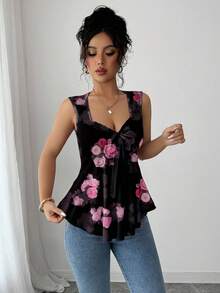 Elenzga Áo hai dây thắt eo in họa tiết hoa hồng lãng mạn - màu đen - Xem 6