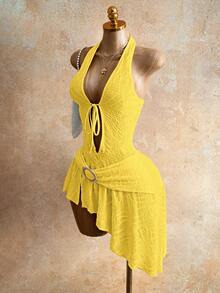 Mistrie 女士性感露背V领系带迷你连衣裙，不对称下摆，适合度假、约会、派对、音乐节等场合。 - 黃色 - 查看 1