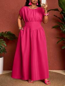 SHEIN CURVE+ Curve 尺码 US22 音乐节、海滨度假、波西米亚风女装 202 春夏新款优雅通勤/海滩度假/约会/派对/音乐节组合连衣裙，清新洋红色，圆领无袖，腰部拼接利落A字摆褶裥长裙 - 玫紅色 - 查看 9