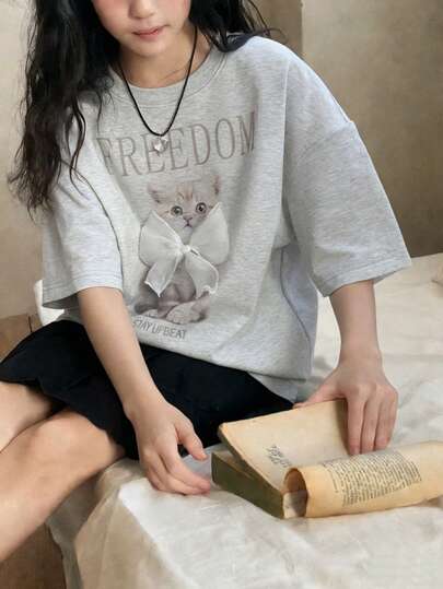 DAZY 少女圆领灯笼袖动物纹蝴蝶结装饰撞色加厚抓绒T恤，秋季款