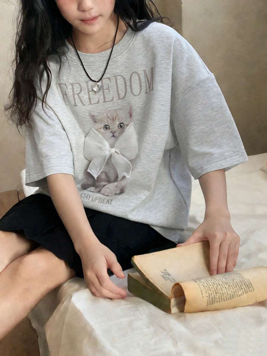 DAZY 少女圆领灯笼袖动物纹蝴蝶结装饰撞色加厚抓绒T恤，秋季款 - 灰色 - 查看 1