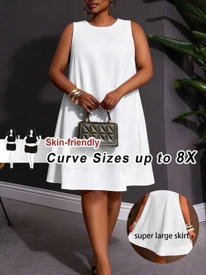 SHEIN CURVE+ Đầm mini dáng chữ A không tay, màu trắng trơn, cỡ lớn, hàng mới về mùa Xuân/Hè, thích hợp cho kỳ nghỉ và sinh hoạt thường ngày.