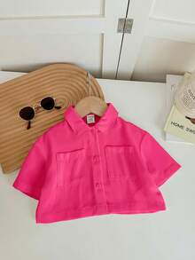 SHEIN LMoss Kids 女婴可爱白色短袖衬衫，夏季百搭 - 玫紅色 - 查看 7