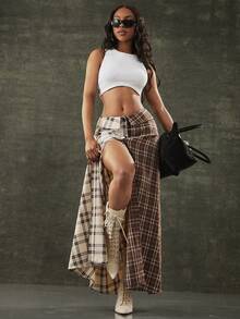 Denimoi Falda con botones y estampado a cuadros, falda plegable de moda para uso en la calle - Multicolor - Ver 1
