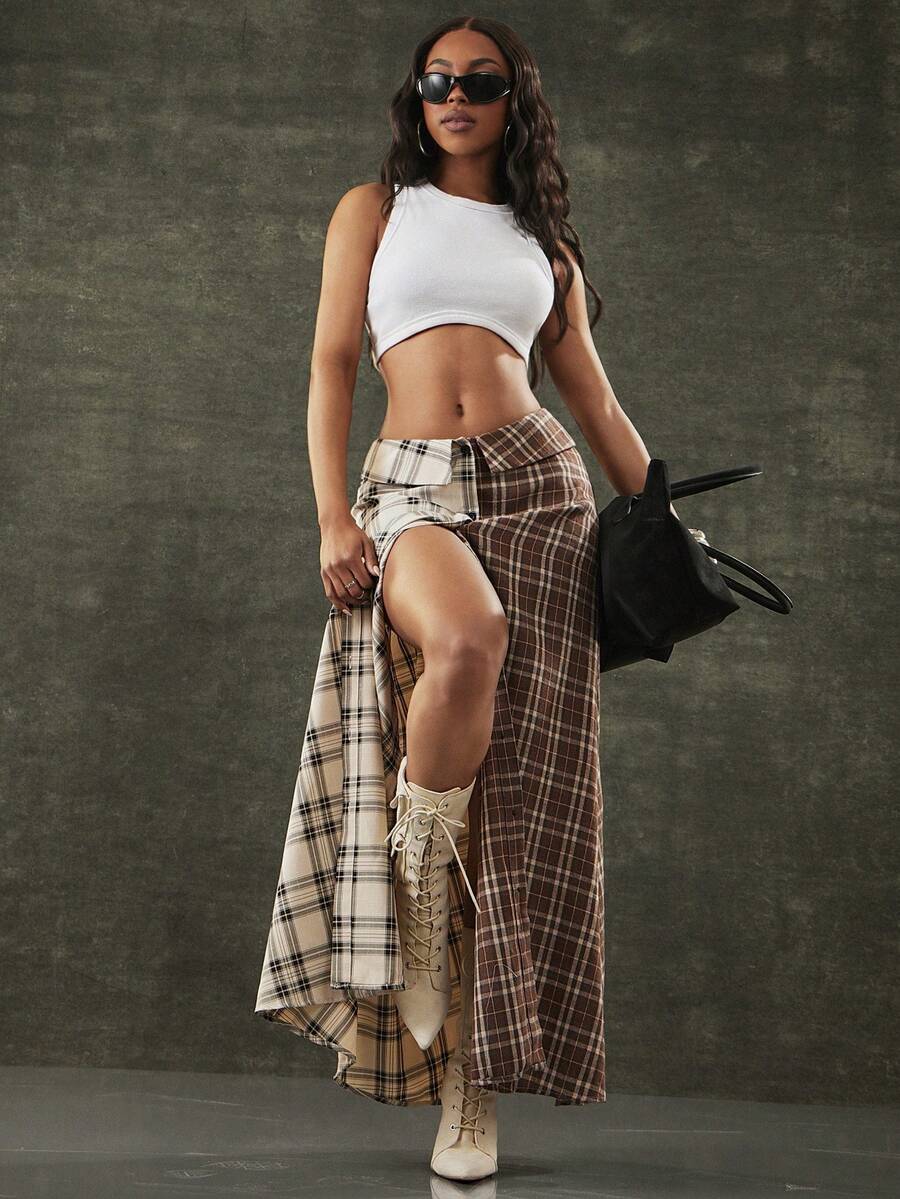 Denimoi Falda con botones y estampado a cuadros, falda plegable de moda para uso en la calle - Multicolor - Ver 1