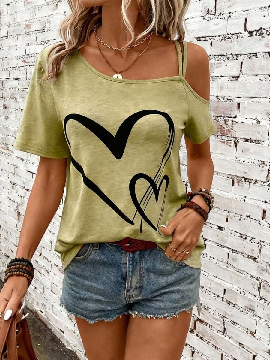 SHEIN LUNE Women's Off-Shoulder Grey T-Shirt With Heart Pattern, Suitable For Music Festivals,Summer Top - Olive Green - View 1