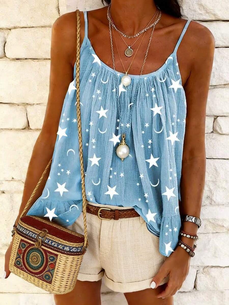 Selamara Women's All-Over Print Casual Vacation Camisole - Blue and White - View 1