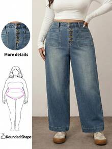 Enliva Plus Size Women Loose Fit Button Front Pocket Design Wide Leg Casual Jeans, For Apple And Rounded Body Shape - Blue - View 1