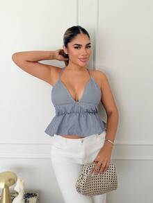 Maria Perezxox 女式条纹褶饰腰部荷叶边下摆性感时尚吊带背心 - 霧霾藍 - 查看 4